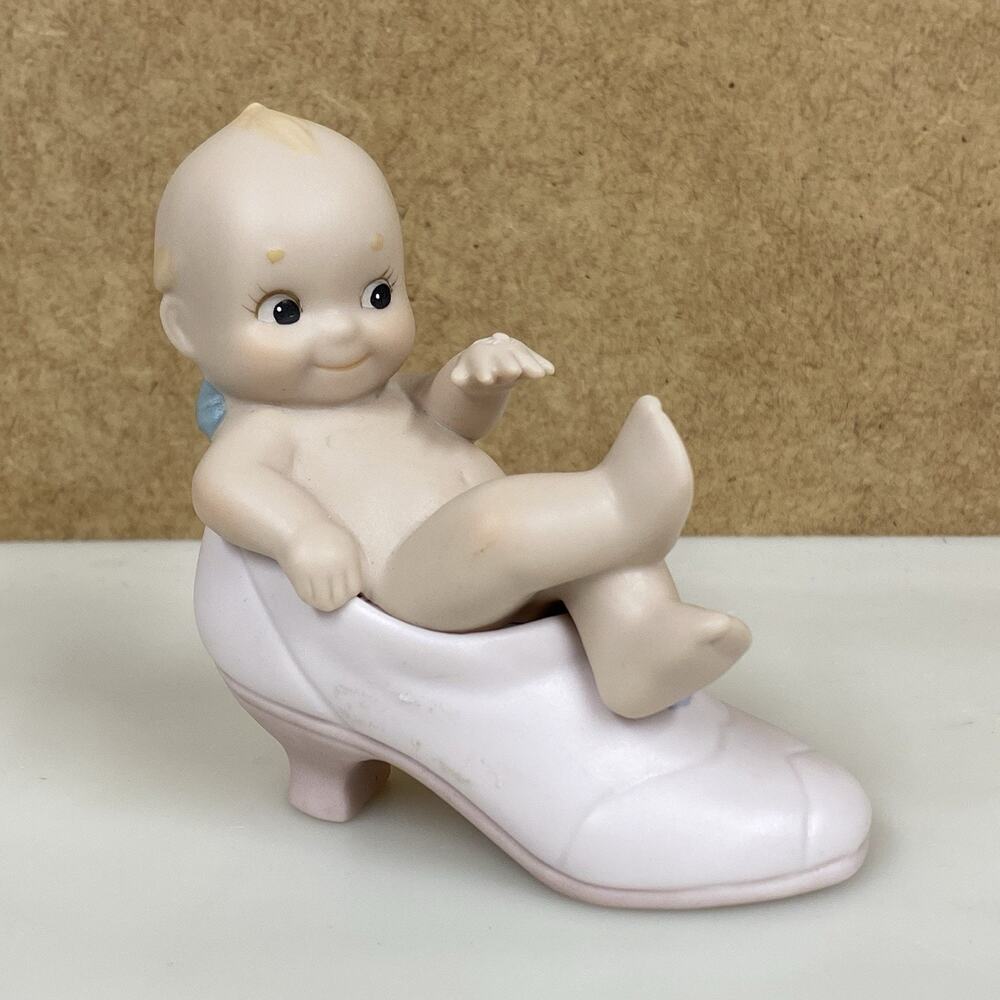 VTG 1993 Jesco KEWPIE in a Shoe Bisque Porcelain Figurine Blue Wings